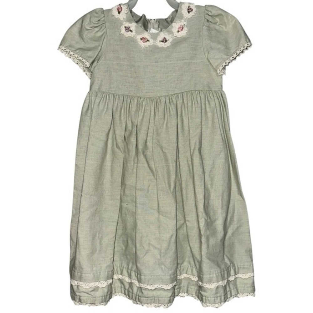 Good Lad of Philadelphia Vintage Girls Sz 6X Light Green Linen Floral Neck Dress